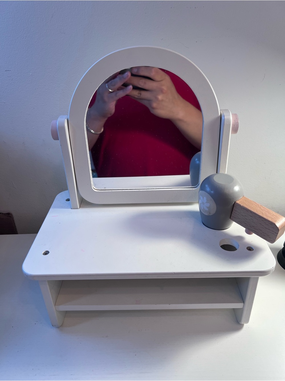 White Pottery Barn Kids Wooden Tabletop Vanity Mirror & Hairdryer Pretend Play